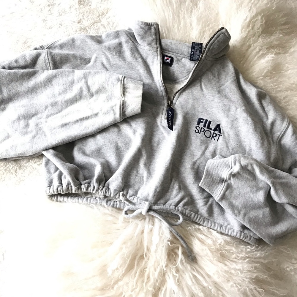 Reworked Fila Crop Top Grey Half Zip Sweatshirt Waist Tie - Picture 3 of 9